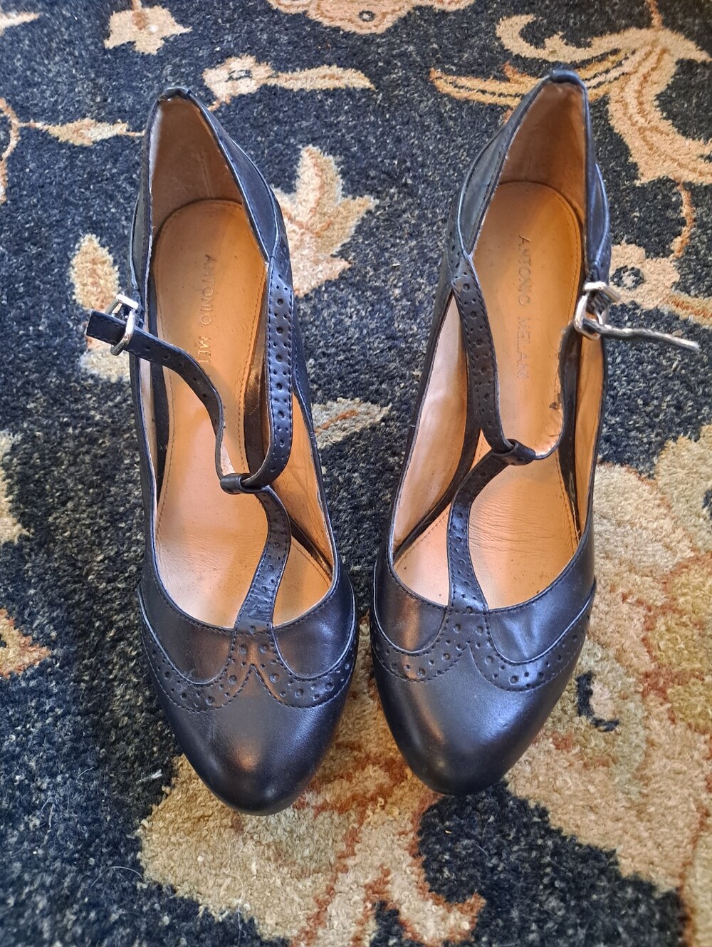 ANTONIO MELANI Black T-Strap Brogue Leather Heels